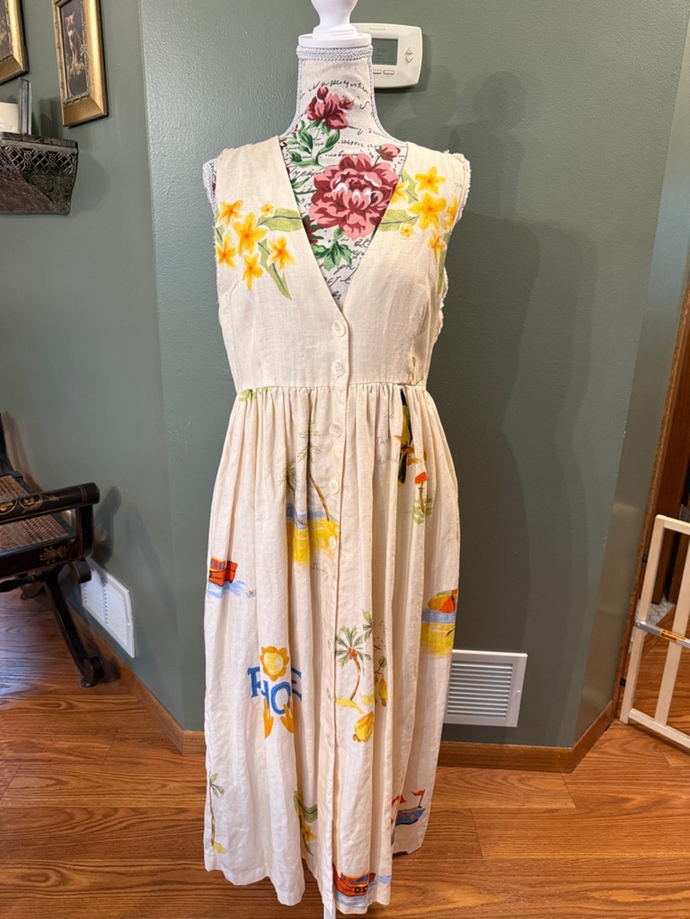 Rhode Karline Cream Floral Button-Front Midi Dress size medium
